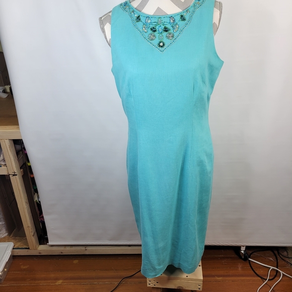 Jessica Howard Dresses & Skirts - Jessica Howard Linen Blend Sleeveless Beaded Neckline Dress Size 12 Petite